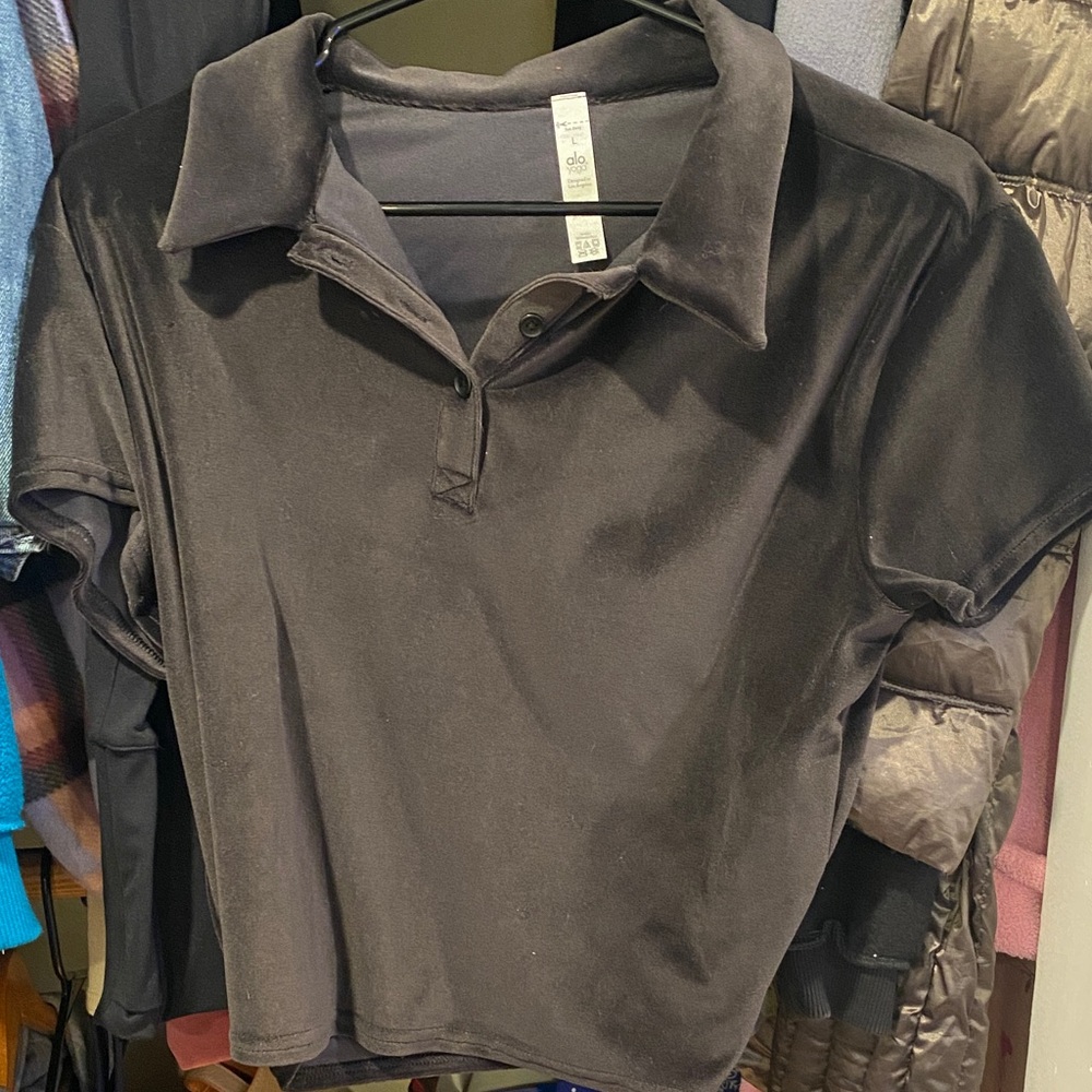 ALO Yoga Black Polo-Style Velour Crop Top